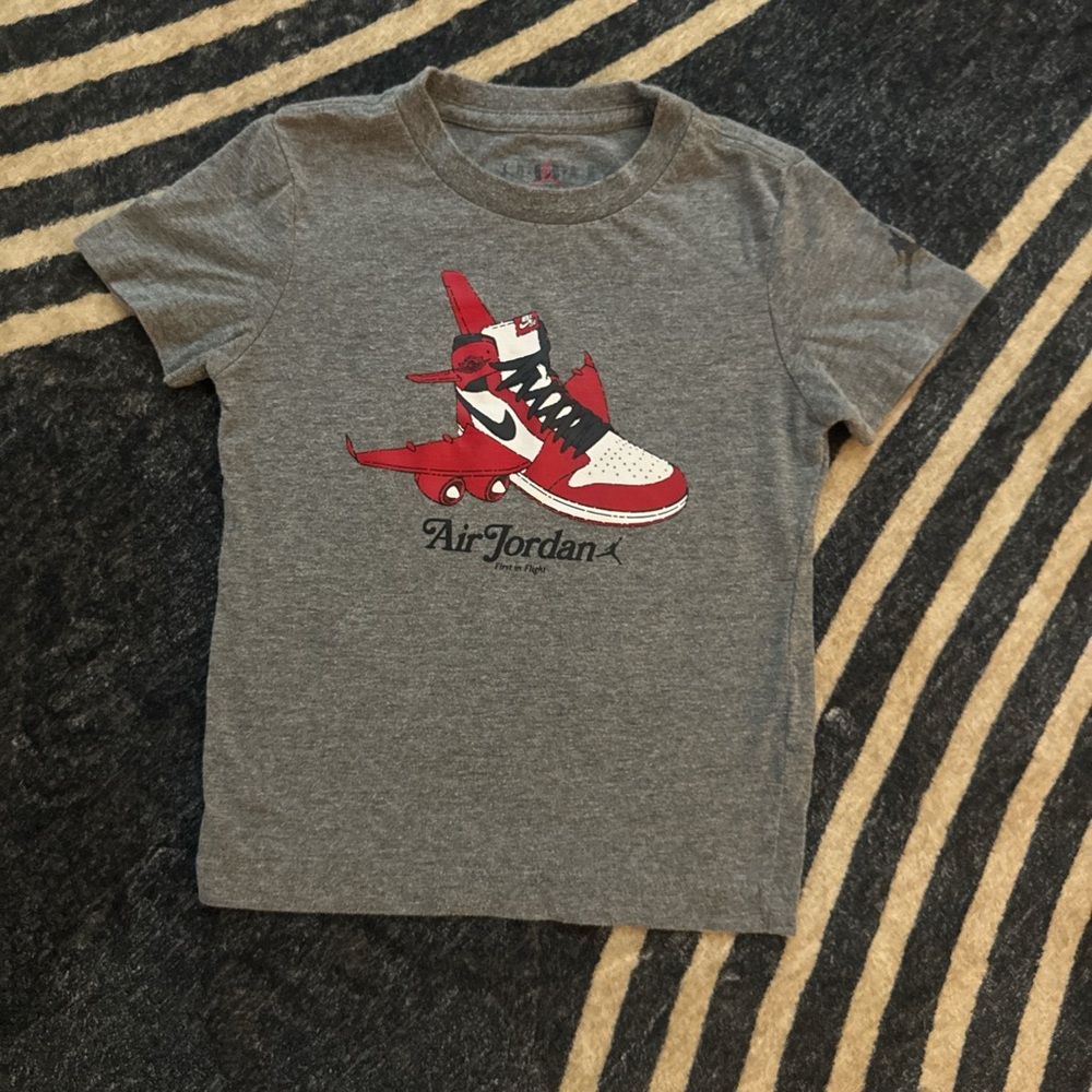 Jordan Kids Gray Tee with Red Sneaker Graphic